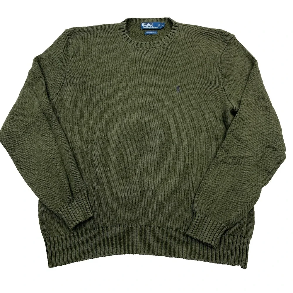 Polo Ralph Lauren Sweater Men XL Olive Green Heavy Knit CrewNeck Rib VTG Y2K *